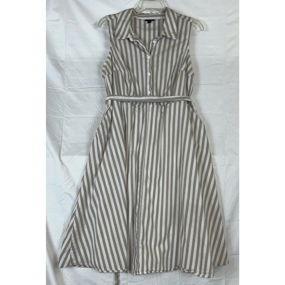 Torrid Taupe & White Striped Poplin Shirt Dress Plus Sz 1=14-16 Sleeveless Sash